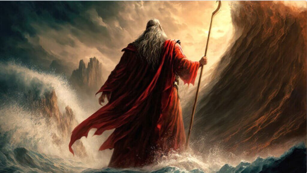 Moses using God's strength to part the waters