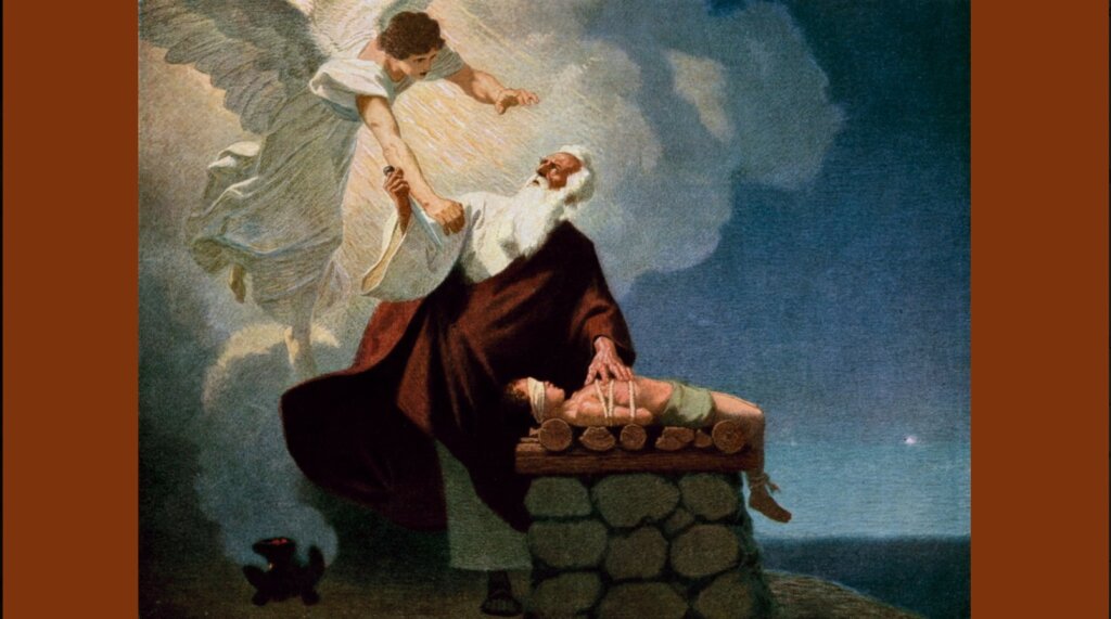 The Angle stopping Abraham from sacrificing Isaac his only son