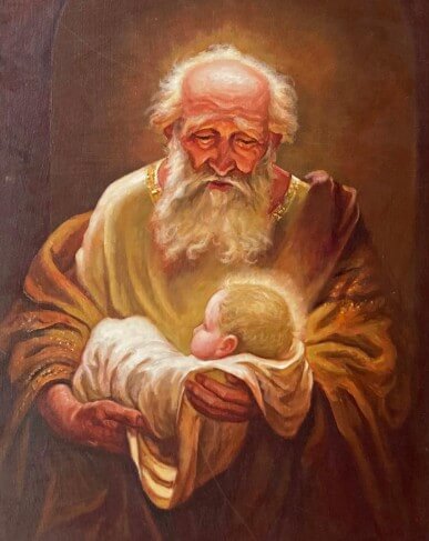 Simeon holds the promised Messiah baby Jesus