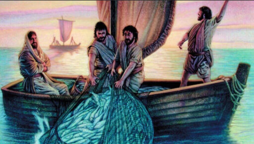 The disciples following Jesus instructions to catch fish. Are you following him in your life choices